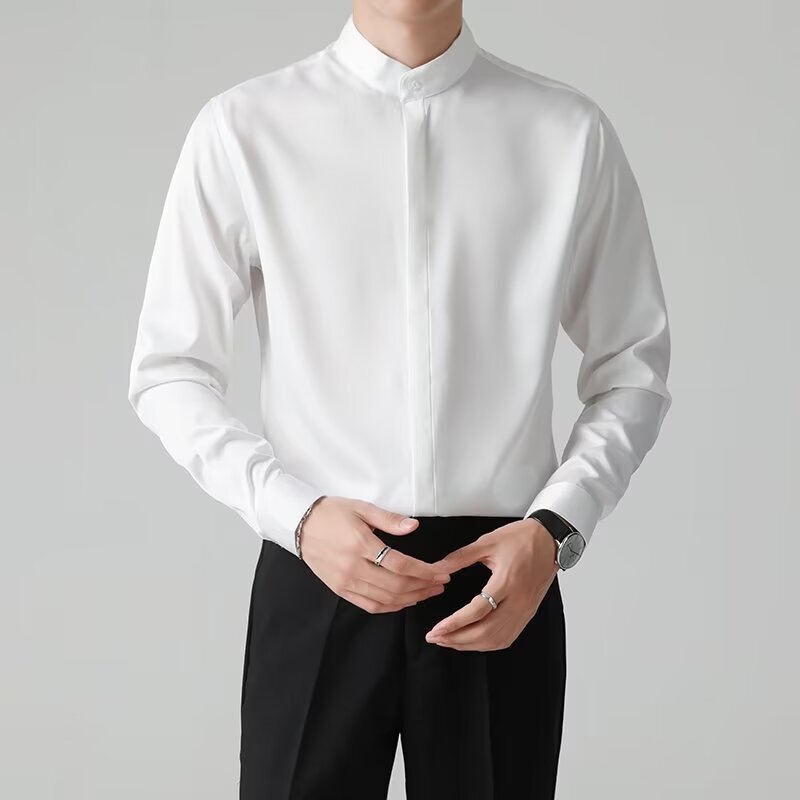 Trendy and Stylish New Chinese-Style Stand-Collar Long-Sleeve Shirt for Men, Spring and Autumn Korean Version, Casual Loose Drape Shirt