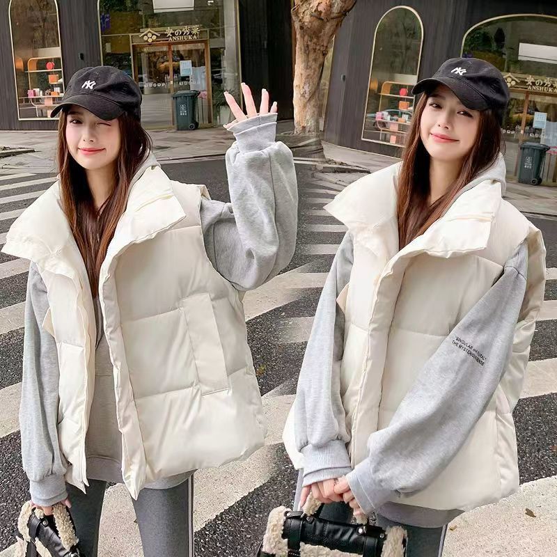 Chaqueta de chaleco de algodón negro otoño-invierno para mujeres 2025 nuevo estilo de estilo universitario corto hombre pequeño sin mangas hombro exterior image 3