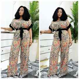 跨境欧美非洲民族风女装套装数码印花短袖针织面料配腰带源头现货