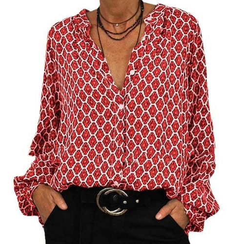 New Amazon Independent Station Cross-border Women's Wear Foreign Trade Spring V-neck Long-sleeved Fashion Elegant Printed T-shirt Shirt