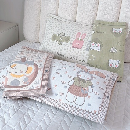 High-Density Pure Cotton Gauze Snap-Button Pillowcases, a Pair of Cartoon-Style All-Cotton Pillowcases, Suitable for All Seasons, Non-Slip Pillow Inserts