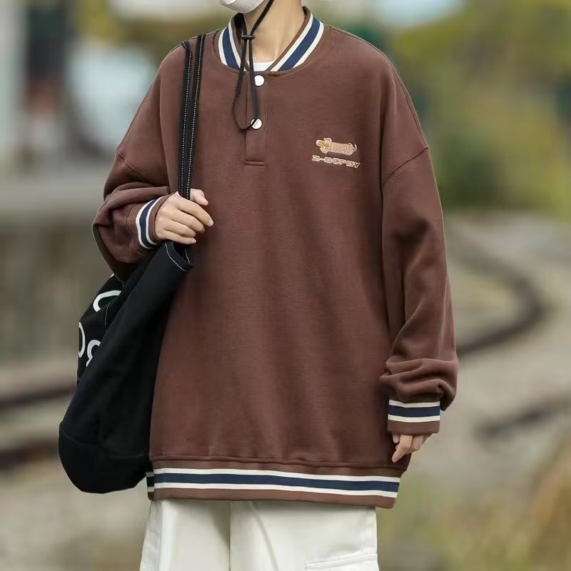 V-Neck Loose Sweater Men's College-style Casual Jacket Spring Simple Couple's Trendy Contrast Color Top Pullover