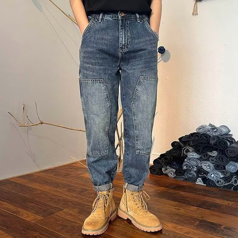 2024 primavera y otoño pantalones rectos estilo vibe de calle alta americana jeans lavados retro hiphop para hombres guapos europeos y americanos