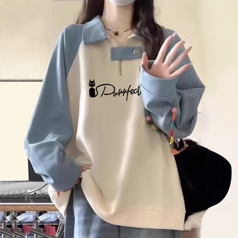 Autumn and Winter New Commuter Style Pure Cotton Zip-Up Sweatshirt, Sweet and Loose, Fleece-Lined Long-Sleeve Top, Thickened Jacket