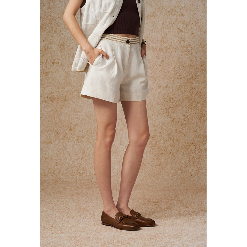 Comos Cms Cotton and Linen Breathable Patchwork Woven Belt Casual Shorts for Women Summer New Style 258650 Comos Cms Cotton and Linen Breathable Patchwork Woven Belt Casual Shorts for Women Summer New Style 258650
