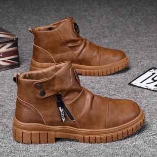 Zipper Martin Boots Men's Autumn British Style Motorcycle Leather Boots Workwear Boots Men's Work High-top Leather Shoes for Men
