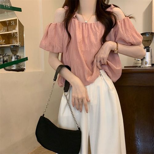 French one-shoulder spaghetti strap short-sleeve women's summer design sense niche loose slimming off-shoulder bubble sleeve top
