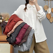 双层棉纱长袖衬衫女宽松大码显瘦秋装新日系文艺休闲翻领衬衣女