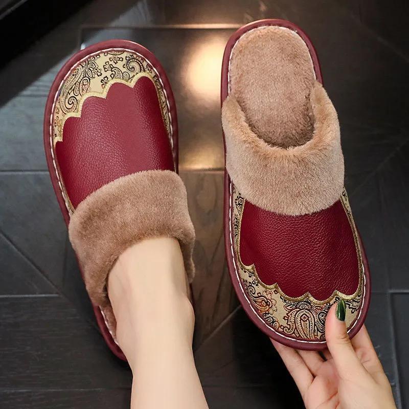 Winter plush leather slippers for men and women, indoor non-slip home shoes, couple's thick-soled warm furry slippers Winter plush leather slippers for men and women, indoor non-slip home shoes, couple's thick-soled warm furry slippers