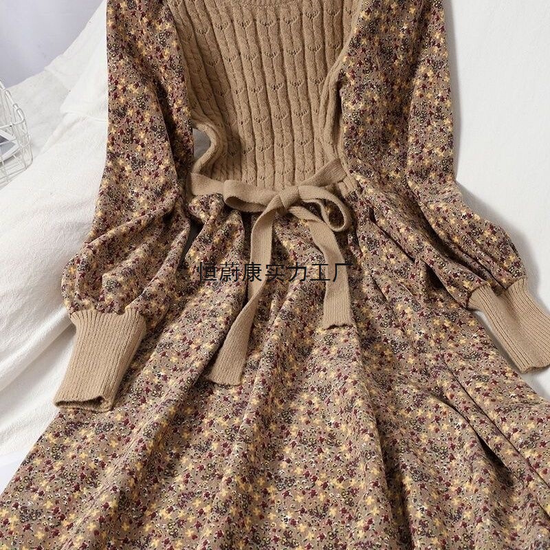 Spring and Winter New Korean Style Age-Reducing Patchwork Tie-Up Slimming Knit Long Dress, Fashionable Versatile Corduroy Floral Dress