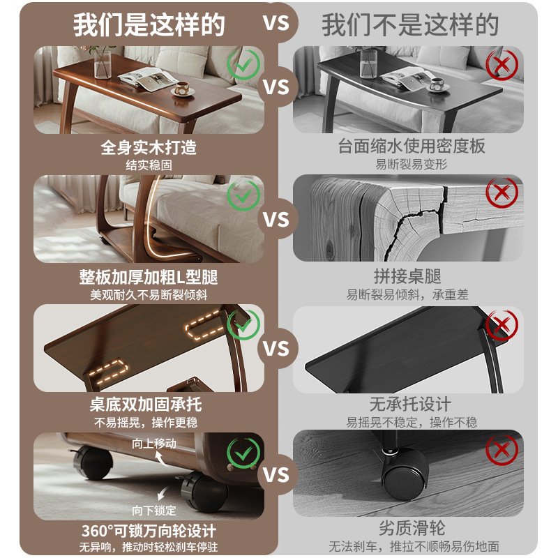 Mesa lateral de sofá de madera maciza mesa de cabecera móvil con ruedas armario lateral sala de estar doméstica apartamento pequeño tipo C mesa de centro pequeña