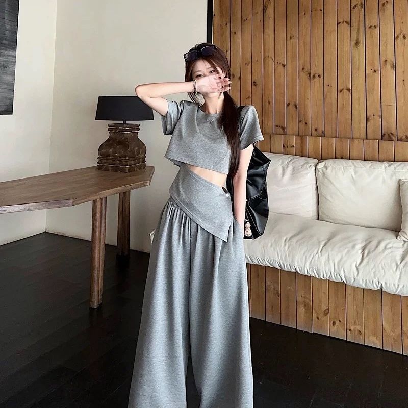 夏装一整套露腰t恤阔腿裤两件套2025新款女套装休闲风韩版减龄潮|undefined