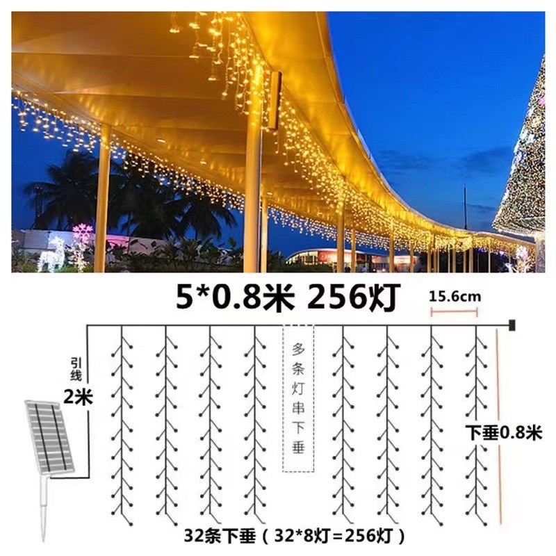 Luz de tira de hielo blanco cálido-5 metros de ancho 256 luces-Control remoto solar + carga USB