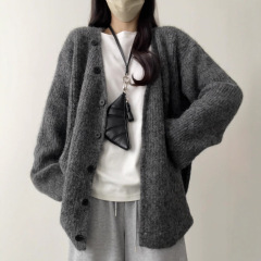 大码mm松弛感慵懒针织毛衣开衫女秋冬设计感宽松粗线磨毛外套上衣