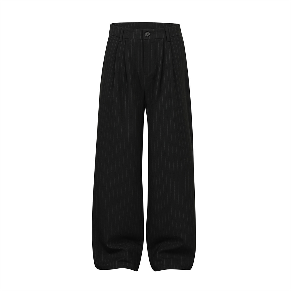 Pantaloni casual americani a righe verticali, a gamba larga, lunghi fino al pavimento, da uomo, con design a doppia pieghe, alla moda High Street_voghion.com