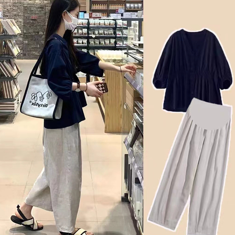 Pregnant women's summer wear new salt series light mature small slimming age-reducing loose top + cotton and linen pants suit