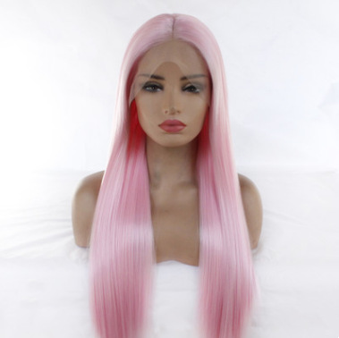 Moda europea y americana damas blanco rosa largo pelo recto fibra química frente encaje mitad mano tejida cubierta de cabeza LW0031