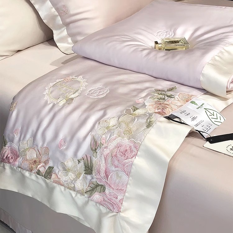 American Pastoral Flower Embroidery 100s Tencel Summer Cool Quilt Four-Piece Set Cool Ice Silk Air Conditioning Machine Wash by Naked Sleep