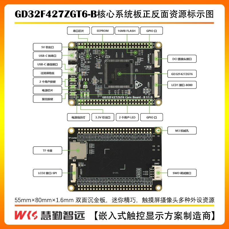 Плата разработки Zhaoyi Innovation GD32F427ZGT6, ядро/малая системная плата, с сенсорным экраном и камерой, open-source, поддержка LVGL