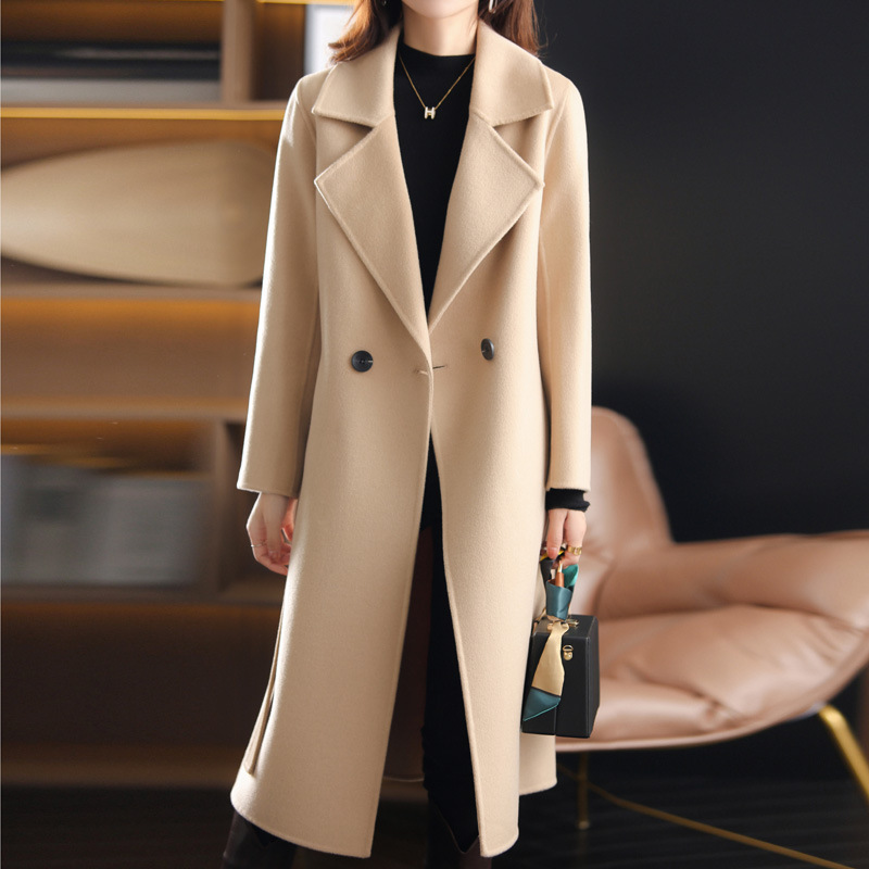 2024년 신상 가을 겨울 롱 울 코트 여성용 단색 울 턱시도 칼라 롱 코트