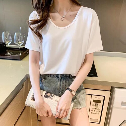 Minimalist U-neck high collar design sense short-sleeved T-shirt for women, summer large size loose and slimming stylish innerwear top