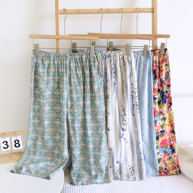 Summer Thin Cotton Silk Pajama Pants for Women, Casual Cropped Wide-Leg Pants, Breathable Rayon, Suitable for Outdoor Wear, Home Pants, Loose Fit for Walking