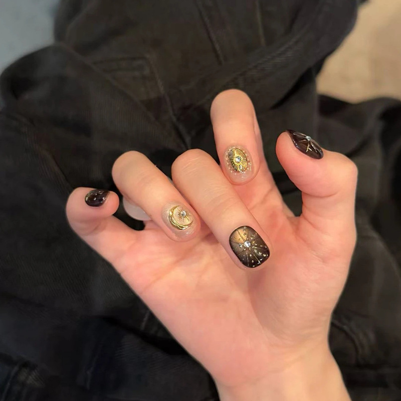 [Utopia] Mocha Brown Cat Eye Star and Moon Myth Purely Handmade Wearable Nail H225 Model with Box Tool Kit