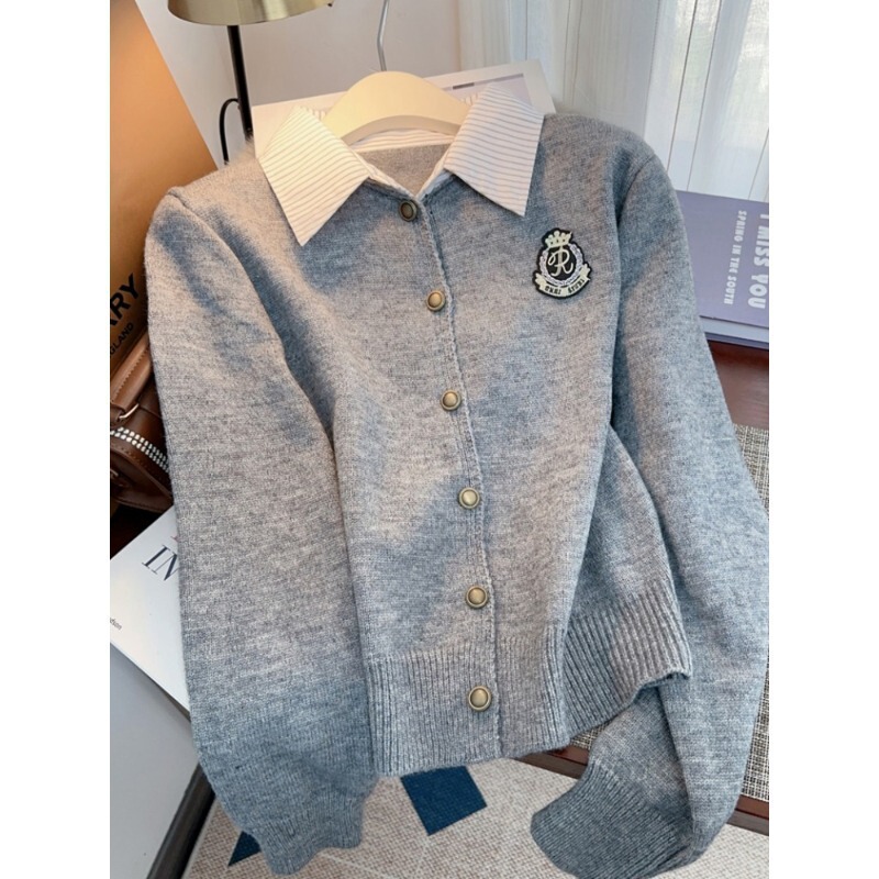 Polo Collar Embroidered College Style Sweater Jacket for Women, Short Style, Dalang Knitted Base Cardigan, Miu Style Top