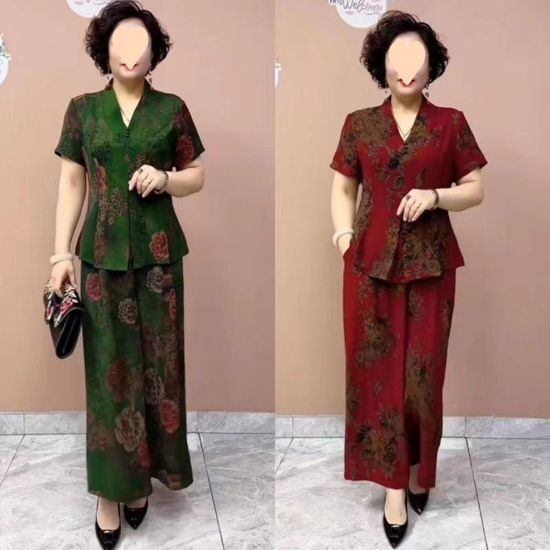 2025妈妈套装夏装新款短袖上衣高腰阔腿裤复古印花显瘦两件套装|undefined