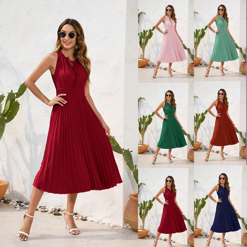 Amazon Cross-Border Lace-Up High-Waist Pleated Fur Ball Dress Sleeveless Summer Dress Casual Vacation Travel Dress Amazon Cross-Border Lace-Up High-Waist Pleated Fur Ball Dress Sleeveless Summer Dress Casual Vacation Travel Dress
