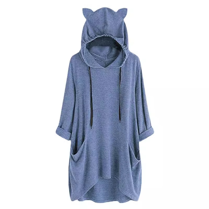 Comercio exterior estación independiente Amazon color sólido lindo orejas de gato bolsillo largo suéter moda más tamaño superior europeo y americano