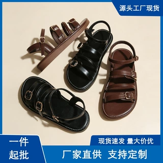 法式一字带凉鞋女2024年夏季新款百搭低跟平底露趾复古罗马鞋子