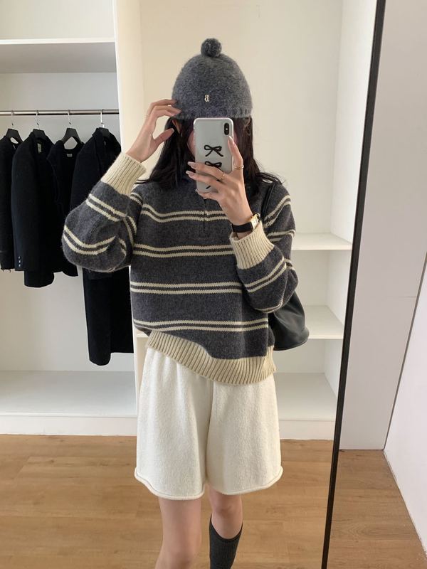 egg翻领条纹毛衣复古半拉链加厚针织衫女秋冬新款慵懒设计感显瘦|undefined