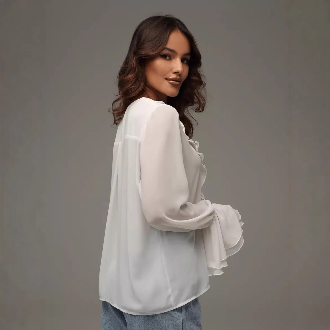 Frühling Damen Neue Mode Rüschen Langarm V-Ausschnitt Krawatte Vielseitige Hemdbluse_voghion.com