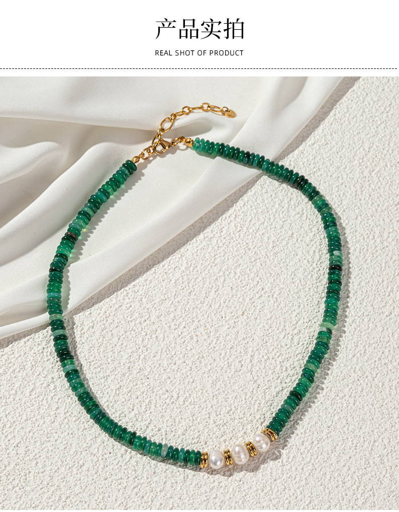 Linglang Vintage Green Natural Stone Beaded Necklace Women's Natural Pearl  Collar Chain Handmade Pearl Jewelry