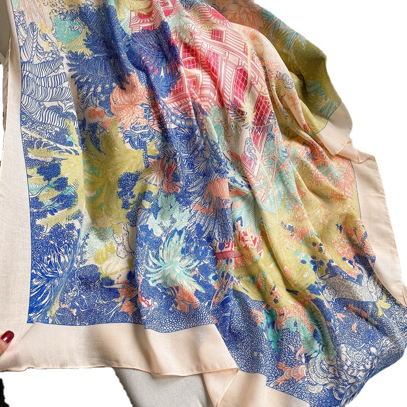 Japonés romántico planta flor impresión algodón y lino sensación de la mano bufanda cuadrada grande viaje artístico chal bufanda de seda 135*135cm