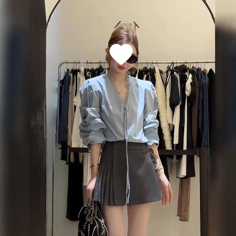 韩系风格早秋穿搭一整套女蕾丝花边V领系带长袖衬衫半身裙两件套|undefined