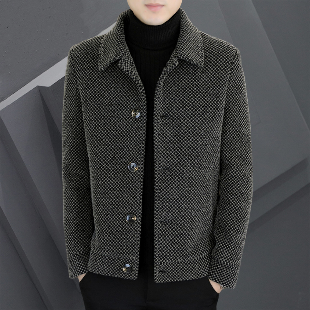 Autumn and Winter New Men's Coat High-End Versatile Thick Striped Woolen Coat with a Turn-Down Collar Casual Jacket Warm