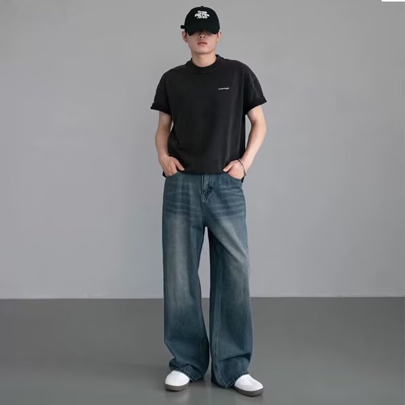 美式撞色复古牛仔裤男士春夏vintage潮流青春帅气宽松百搭休闲裤