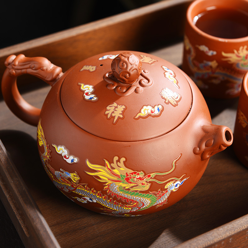 Gran tamaño de tetera de arena púrpura decolorante caliente hecha a mano té de dragón y phoenix té para hacer té para el hogar no caliente