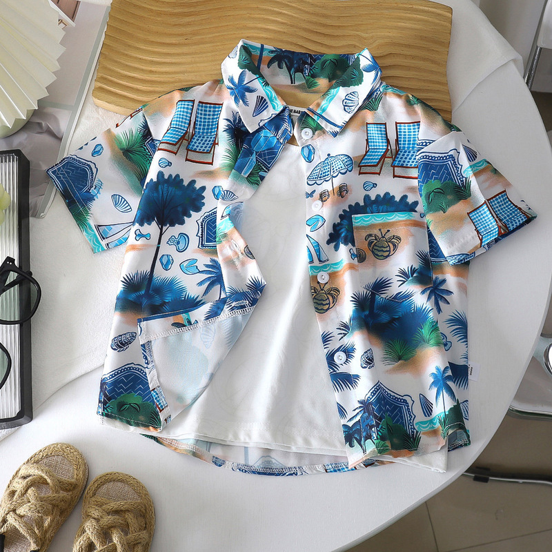 Children's Clothing for Girls and Boys, Short-Sleeved Shirts, Summer Children's Tops, New Beach Shirts, Hong Kong Style Baby Shirts for Boys