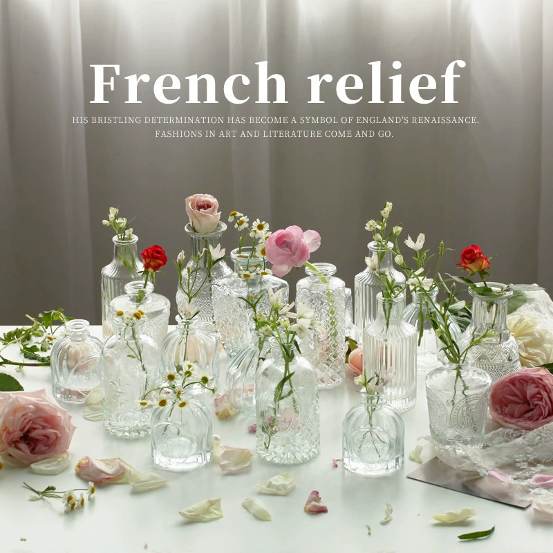 Мадридская прозрачная маленькая стеклянная ваза в стиле ins, тисненое украшение дома во французском стиле, журнальный столик для гостиной, небольшая ваза для цветов