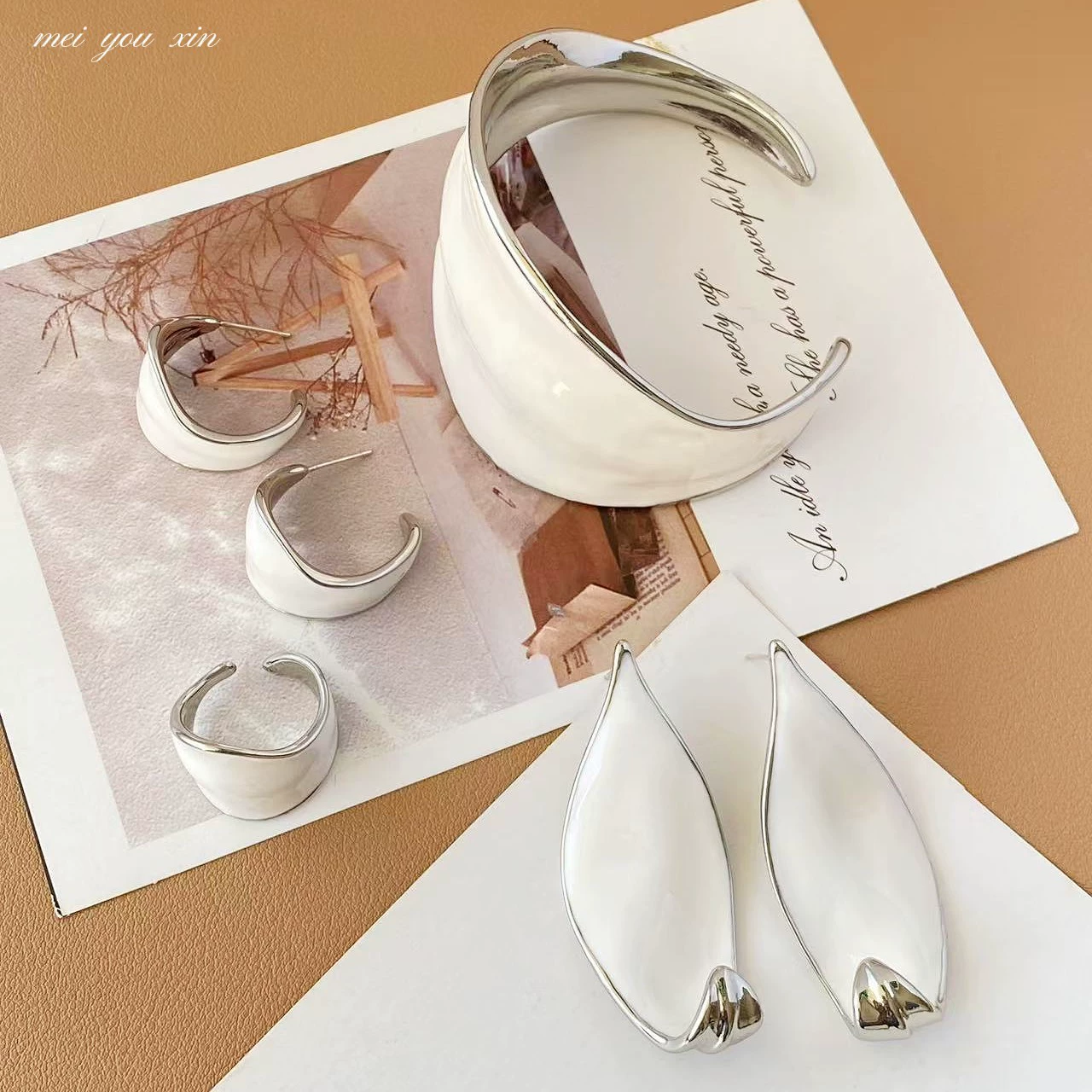 White enamel, bracelet, ring, earrings, set, high-quality style
