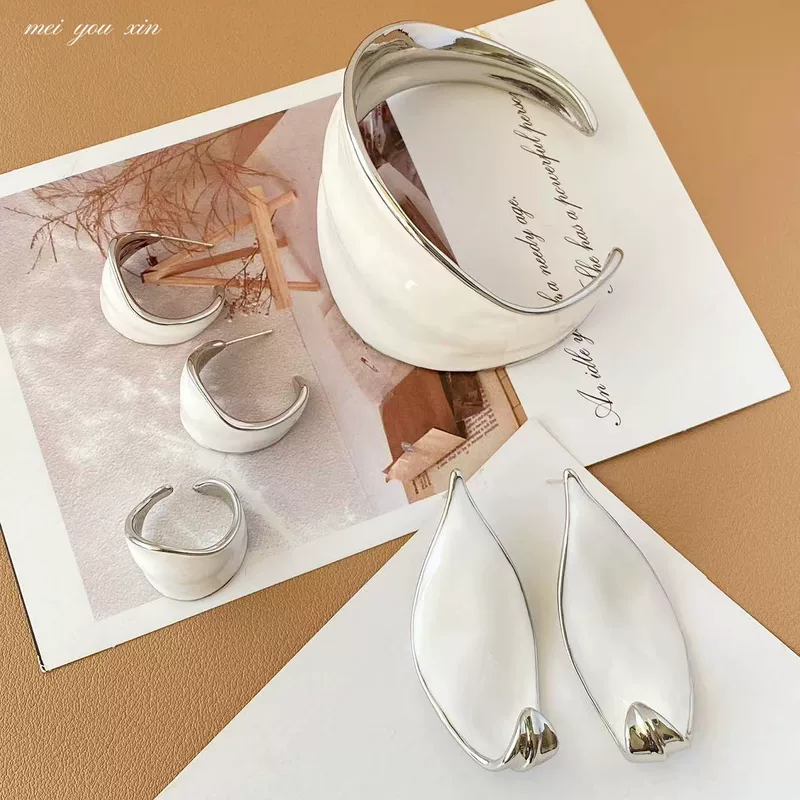 White enamel, bracelet, ring, earrings, set, high-quality style