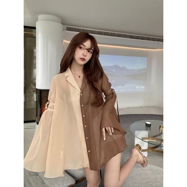 2024 New Design Asymmetrical Contrasting Color V Neck Niche Casual Style Versatile Chiffon Sun Protection Top Shirt for Women 2024 New Design Asymmetrical Contrasting Color V Neck Niche Casual Style Versatile Chiffon Sun Protection Top Shirt for Women