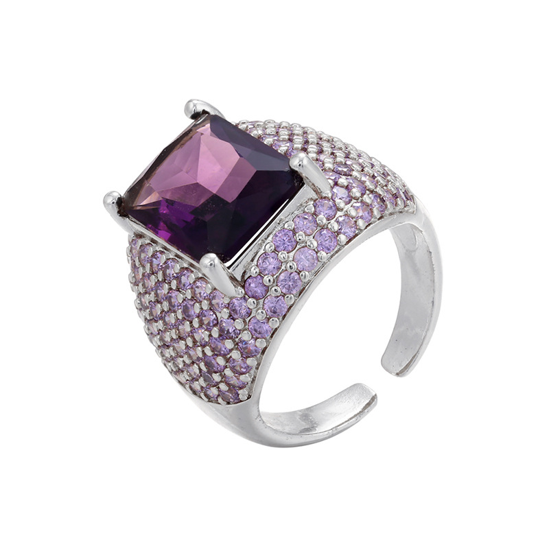 Retro Colored Diamonds Micro-inlaid Square Zircon Copper Open Ring display picture 5