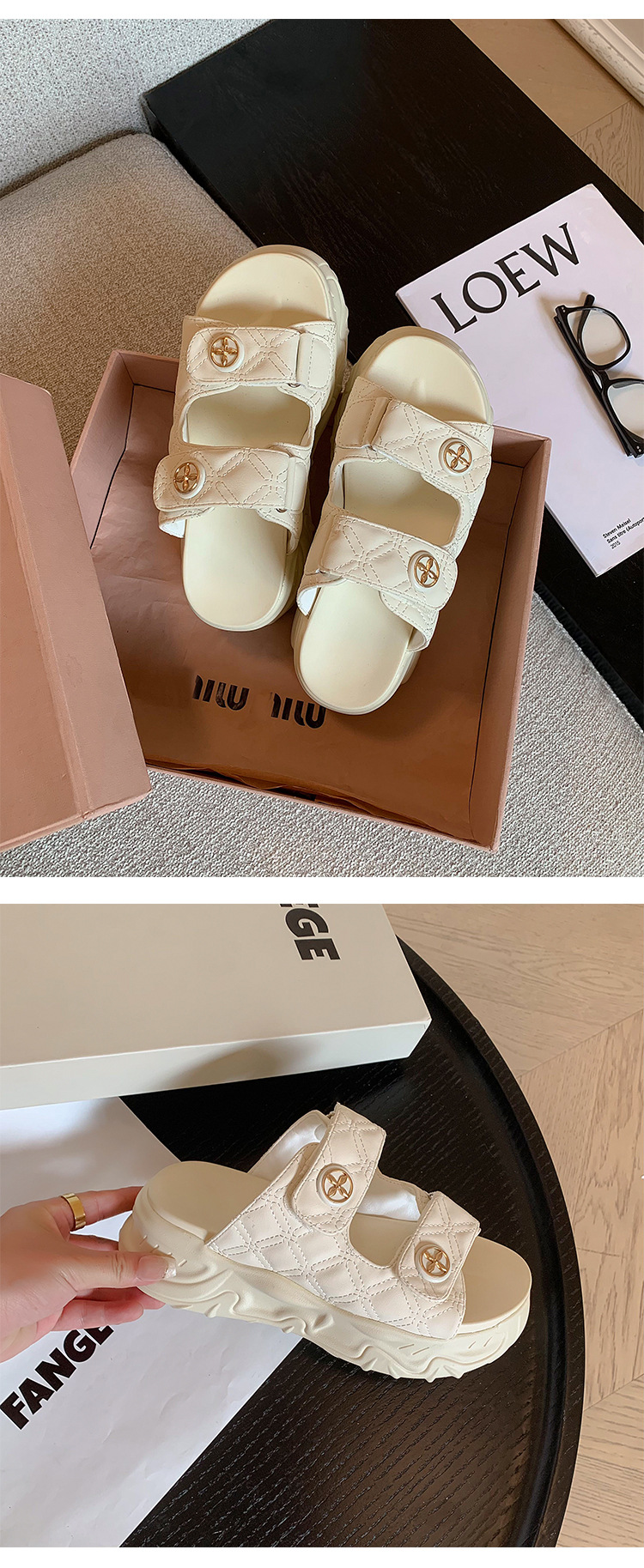 Sandal hở mũi nữ phong cách Xiaoxiang đế bánh xốp tăng chiều cao mùa hè 2025 — Màu đen, Màu trắng be chi tiết 7
