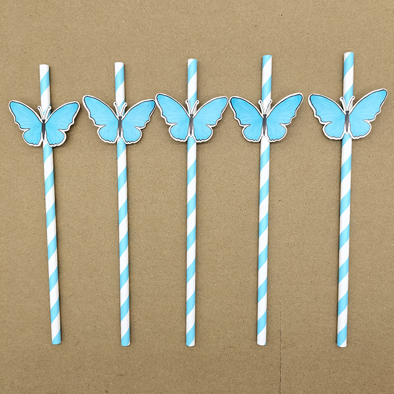 Papel tarjeta mariposa paja de papel desechable degradable paja de papel bar postre fiesta té leche paja decoración
