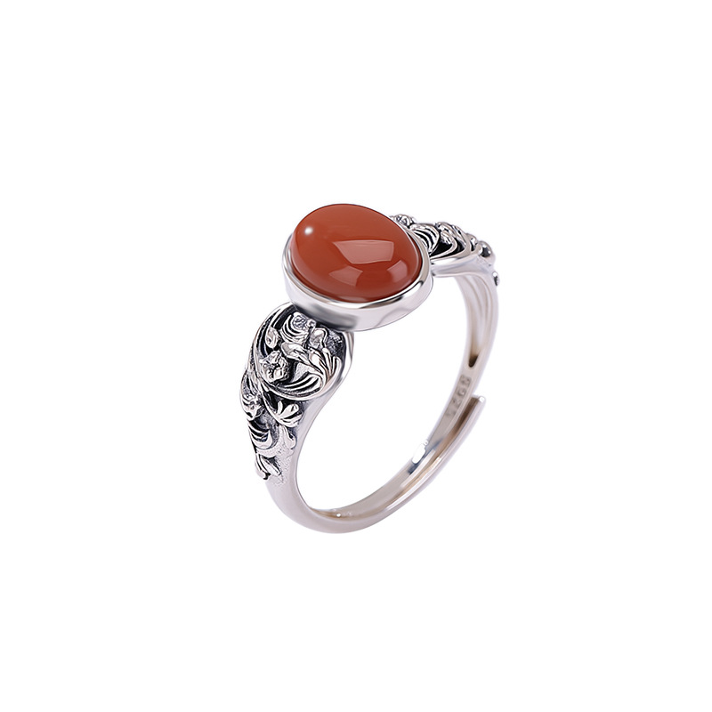 Nhẫn bạc S925 đính đá onyx đỏ họa tiết sóng biển phong cách vintage — Mật ong sáp