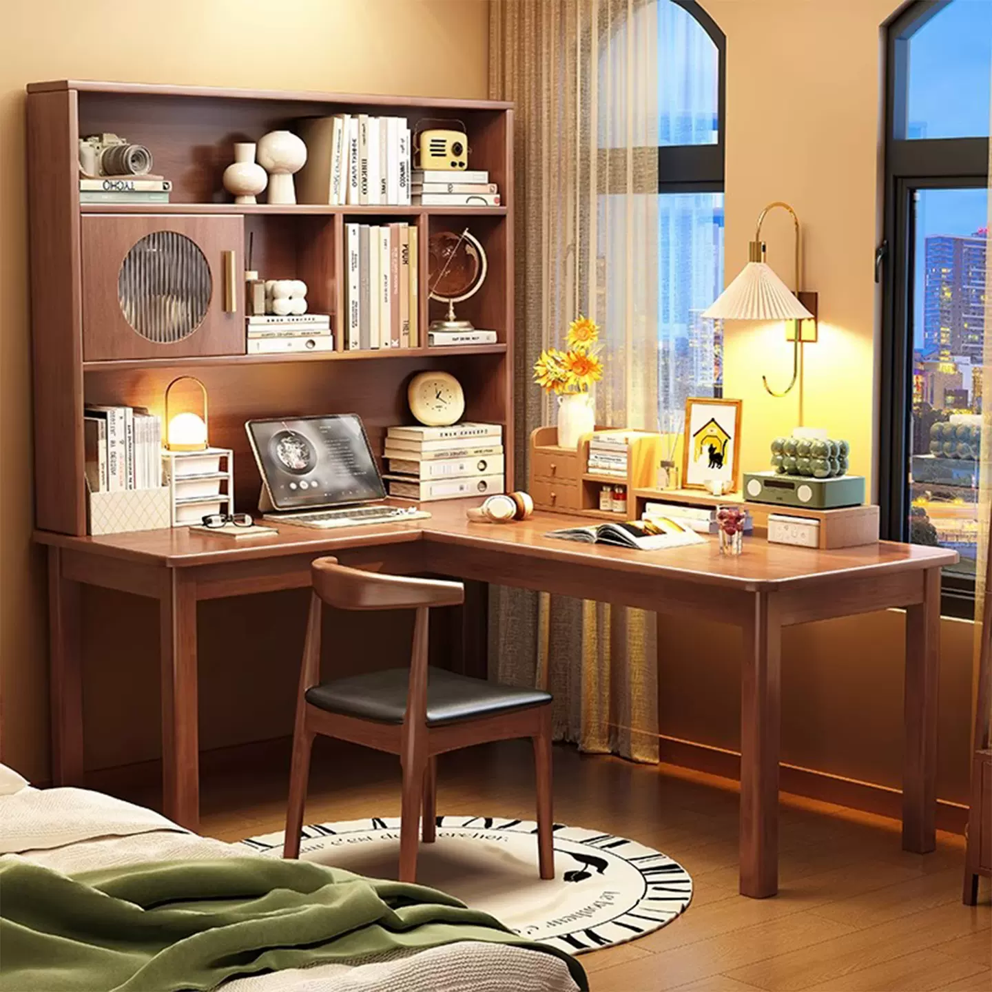 实木转角书桌书一体书组合轻奢办公电脑桌卧室家用写字学习桌